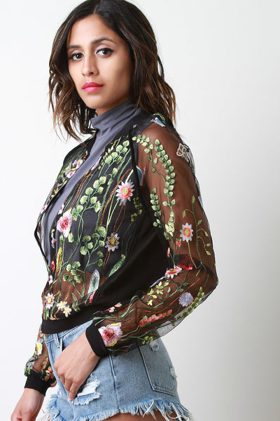 Floral Embroidery Mesh Bomber Jacket