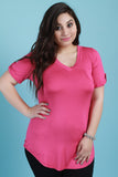V-Neck Pocket Tab Sleeve Round Hem Top