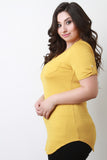 V-Neck Pocket Tab Sleeve Round Hem Top