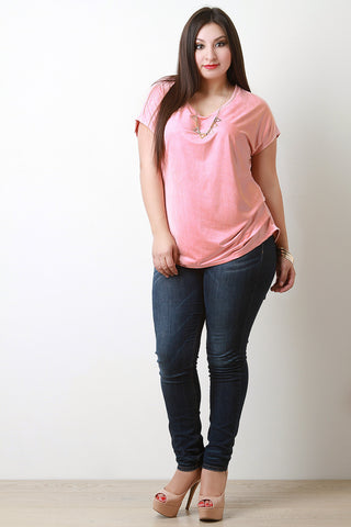 Suede Side Pleated Dolman Short Sleeves Top