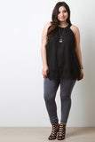Sleeveless Crochet Trim Mock Neck Top