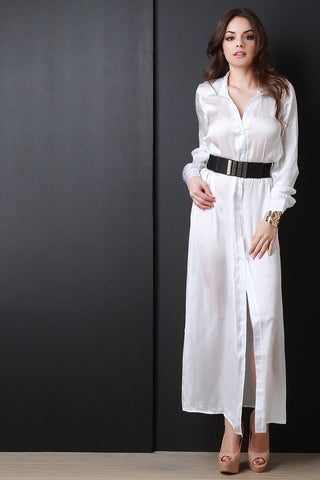 Satin Button Long Sleeve Shirt Dress