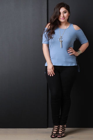 Ribbed Knit Cold Shoulder Necklace Top
