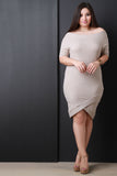 Ribbed Knit Elbow Sleeve Off-The-Shoulder Tulip Dress