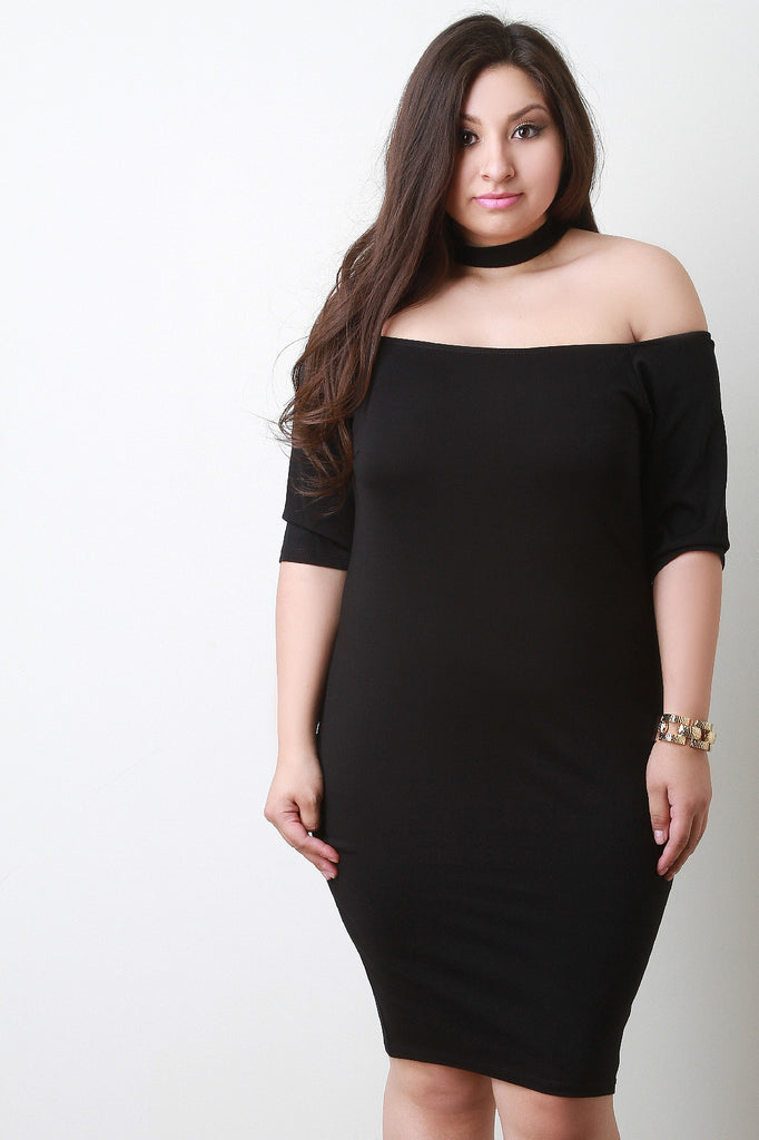 Off Shoulder Bardot Neck Choker Midi Dress