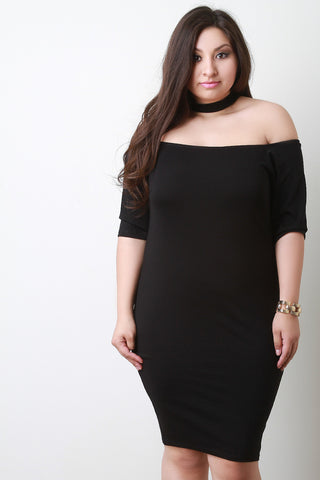 Off Shoulder Bardot Neck Choker Midi Dress