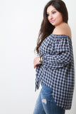 Plaid Self Tie Bardot Top