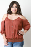 Lace Trim Cold Shoulders Buttons Top