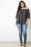 Off The Shoulder Grid Print Chiffon Top