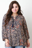 Floral Tassel Lace Up Long Sleeves Peasant Top