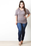 Marled Knit Ruched Cold Shoulder Choker Top