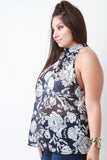 Floral Print Chiffon Mock Neck Top