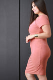 Ribbed Knit Strappy Back Short Sleeves Bodycon Dress
