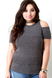 Ribbed Knit Short Sleeves Cold Shoulder Top