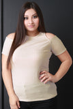 Ribbed Knit Short Sleeves Cold Shoulder Top