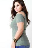 Ribbed Knit Short Sleeves Cold Shoulder Top