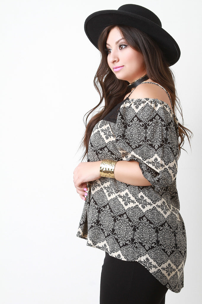 Printed Woven Crochet Yoke Cold Shoulder Top