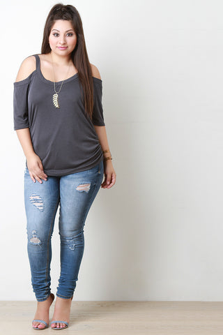 Rib Knit Cold Shoulder V Neck Top