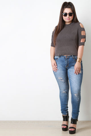Rib Knit Banded Sleeve Crop Top