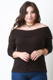 Fold Over Off The Shoulder Ribbed Knit Top