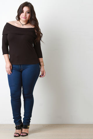 Fold Over Off The Shoulder Ribbed Knit Top