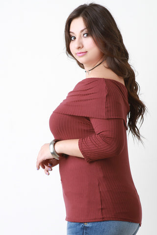 Fold Over Off The Shoulder Ribbed Knit Top