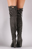 Suede Drawstring Tie Almond Toe Thick Heeled Boots