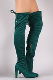 Suede Drawstring Tie Almond Toe Thick Heeled Boots