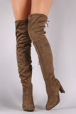 Suede Drawstring Tie Almond Toe Thick Heeled Boots