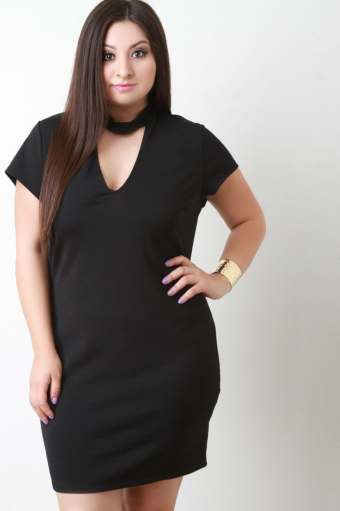 Choker Collar Short Sleeve Midi Dress