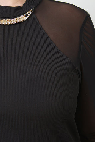 Contrast Mesh Long Sleeve Necklace Midi Dress