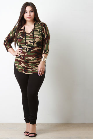 Jersey Knit Camouflage Print Hoodie Top