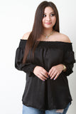 Smocked Satin Off-The-Shoulder Blouse Top