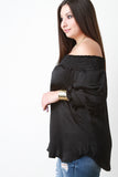 Smocked Satin Off-The-Shoulder Blouse Top