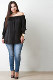 Smocked Satin Off-The-Shoulder Blouse Top