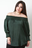 Smocked Satin Off-The-Shoulder Blouse Top