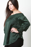 Smocked Satin Off-The-Shoulder Blouse Top