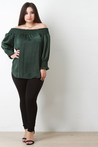 Smocked Satin Off-The-Shoulder Blouse Top