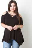 Jersey Knit Cold Shoulder Handkerchief Hem Top