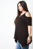 Jersey Knit Cold Shoulder Handkerchief Hem Top