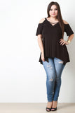 Jersey Knit Cold Shoulder Handkerchief Hem Top