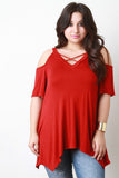 Jersey Knit Cold Shoulder Handkerchief Hem Top