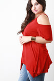 Jersey Knit Cold Shoulder Handkerchief Hem Top