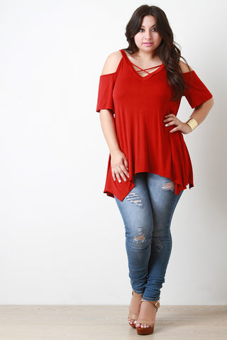 Jersey Knit Cold Shoulder Handkerchief Hem Top