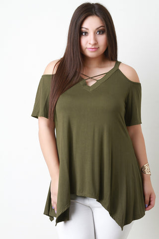 Jersey Knit Cold Shoulder Handkerchief Hem Top