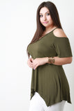 Jersey Knit Cold Shoulder Handkerchief Hem Top
