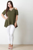 Jersey Knit Cold Shoulder Handkerchief Hem Top