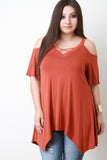 Jersey Knit Cold Shoulder Handkerchief Hem Top