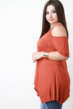 Jersey Knit Cold Shoulder Handkerchief Hem Top