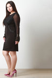 Floral Applique Mesh Sleeves Sheath Dress